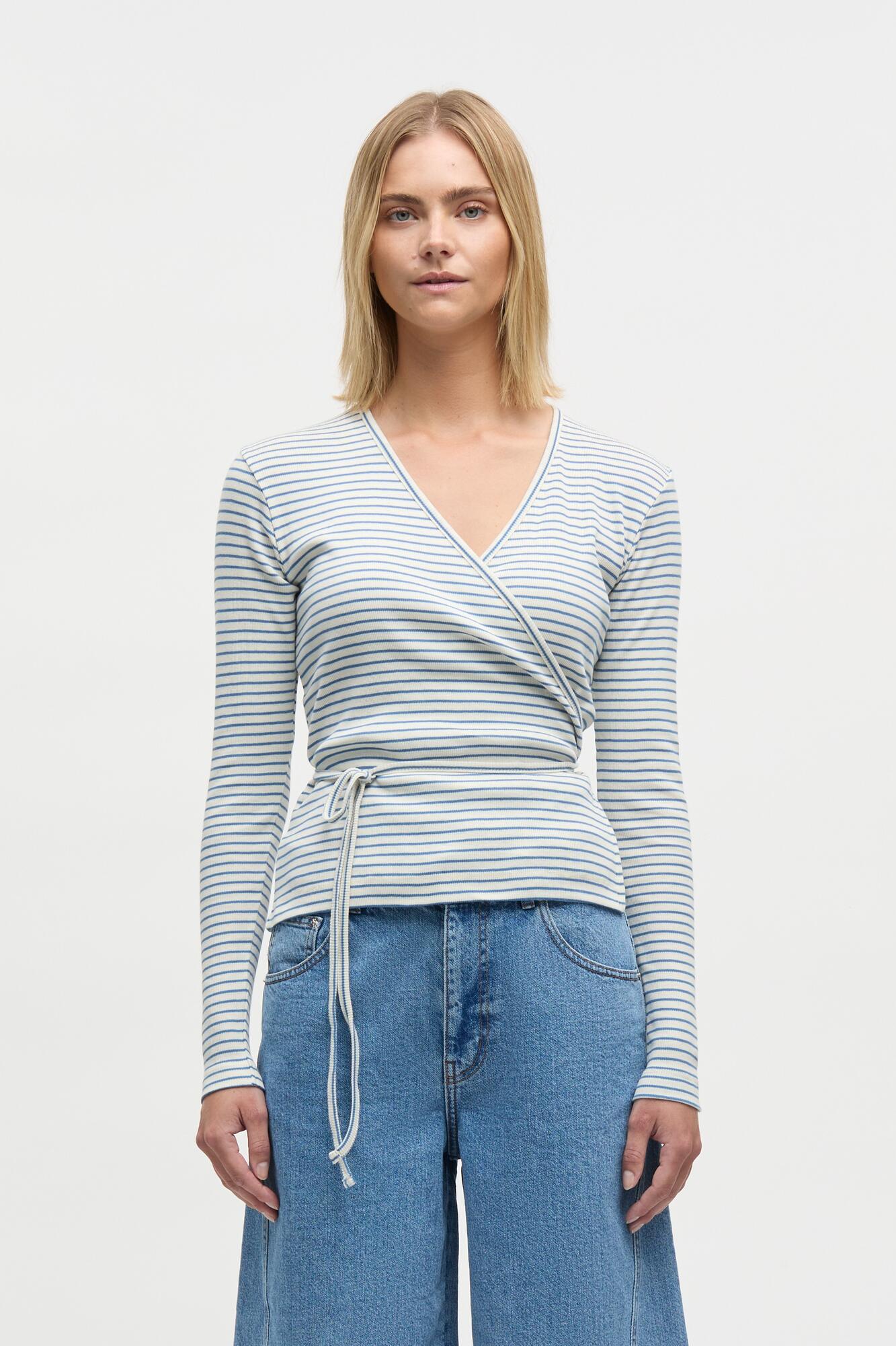 2X2 Cotton Stripe Susi langærmet t-shirt - Vanilla Ice/Bright Cobalt